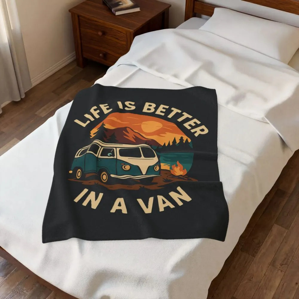 Velveteen Plush Blanket – "Life Is Better In A Van" Retro Campervan Camping Throw