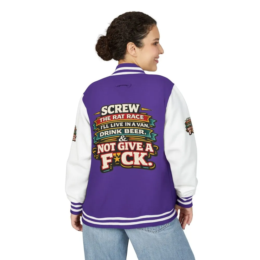 2071324180811654987_2048.jpeg Unisex Heavyweight Letterman Jacket — "Screw The Rat Race" Design F**K-Line