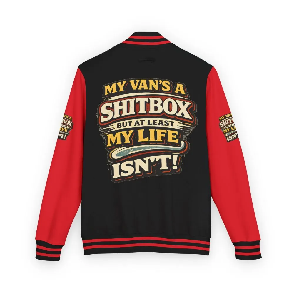 2961692880330029243_2048.jpeg Unisex Heavyweight Letterman Jacket — "My Van`s A Shitbox" Design F**K-Line