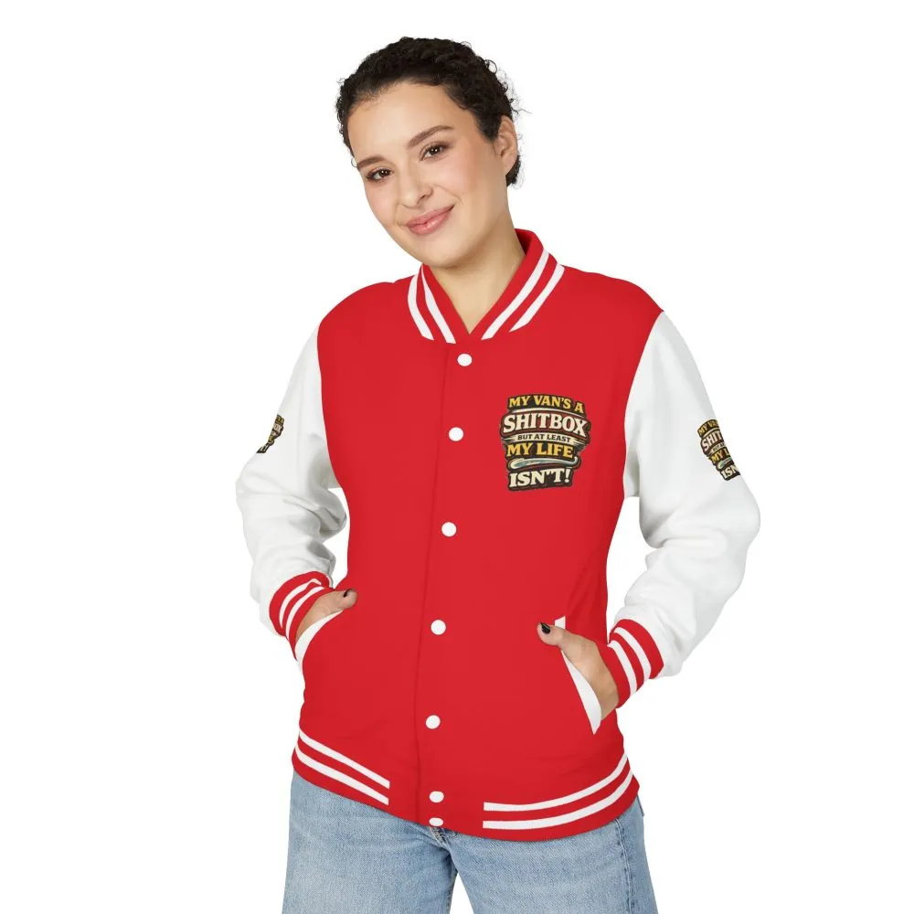 3724834075170470137_2048.jpeg Unisex Heavyweight Letterman Jacket — "My Van`s A Shitbox" Design F**K-Line