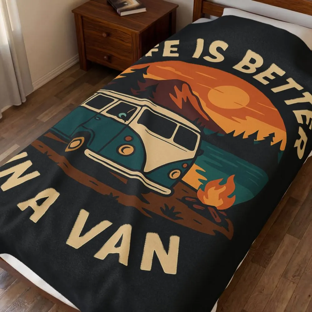 Velveteen Plush Blanket – "Life Is Better In A Van" Retro Campervan Camping Throw