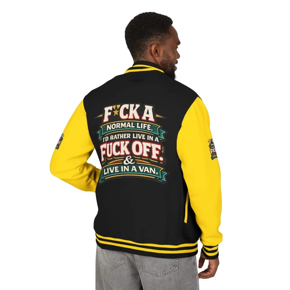 5142552190853391005_2048.jpeg Unisex Heavyweight Letterman Jacket — "Fuck A Normal Life" Design F**K-Line
