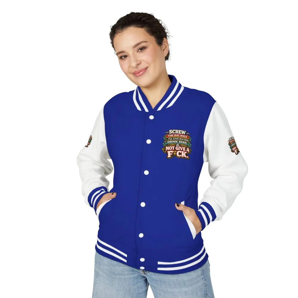 5147458015453427312_2048.jpeg Unisex Heavyweight Letterman Jacket — "Screw The Rat Race" Design F**K-Line