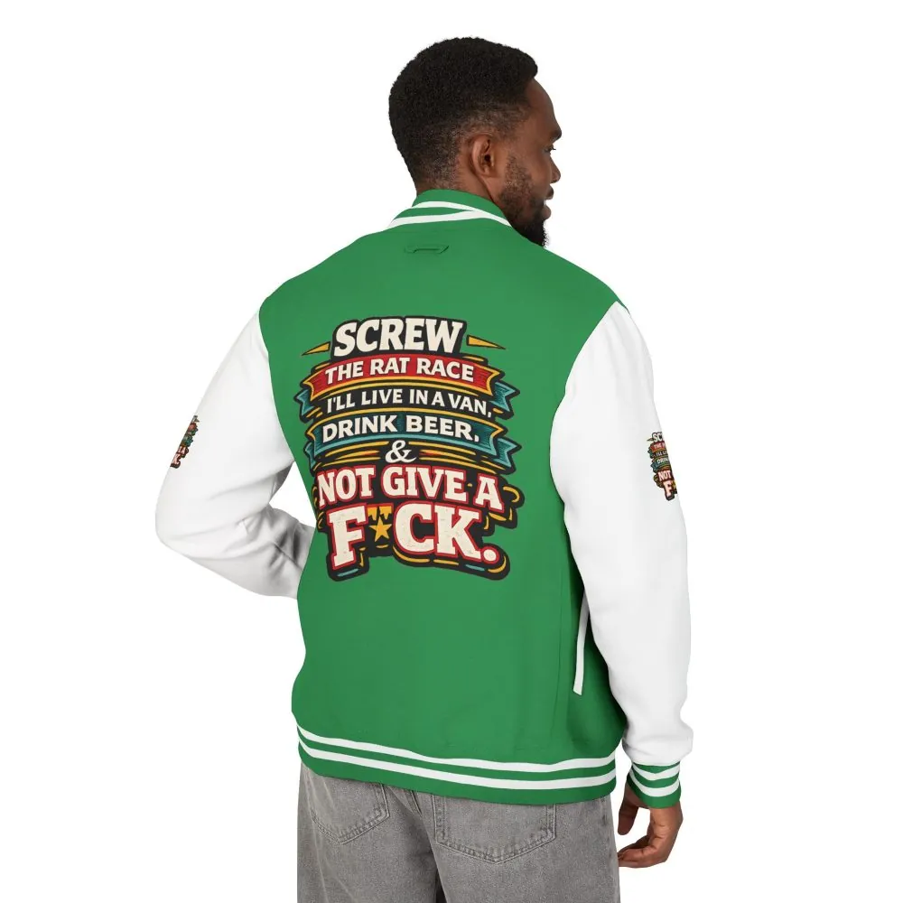 5562208505584980312_2048.jpeg Unisex Heavyweight Letterman Jacket — "Screw The Rat Race" Design F**K-Line