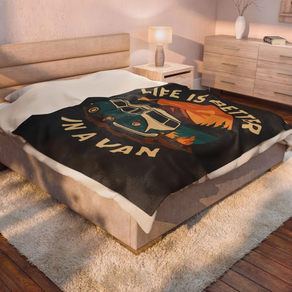 Velveteen Plush Blanket – "Life Is Better In A Van" Retro Campervan Camping Throw