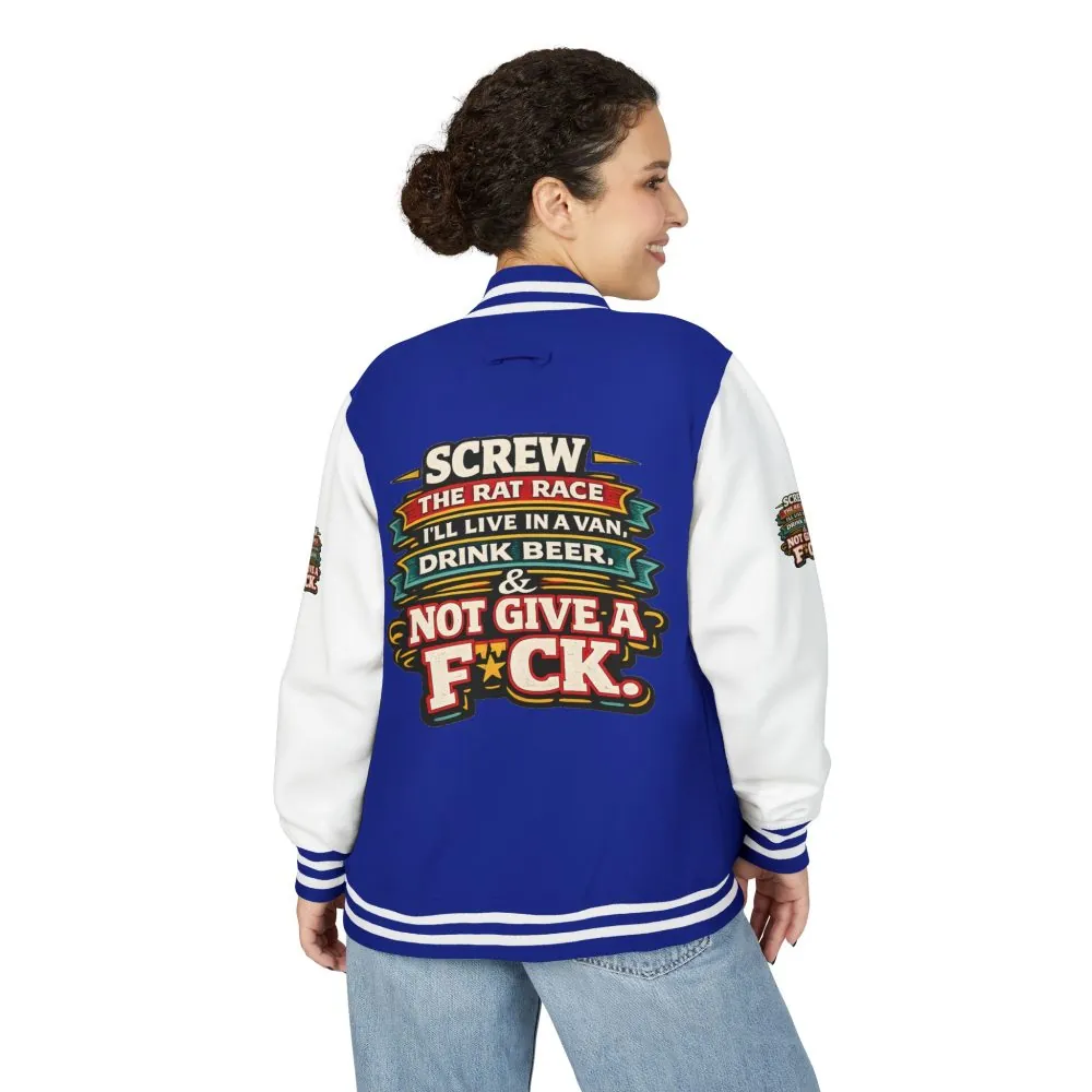 7003069251365293538_2048.jpeg Unisex Heavyweight Letterman Jacket — "Screw The Rat Race" Design F**K-Line