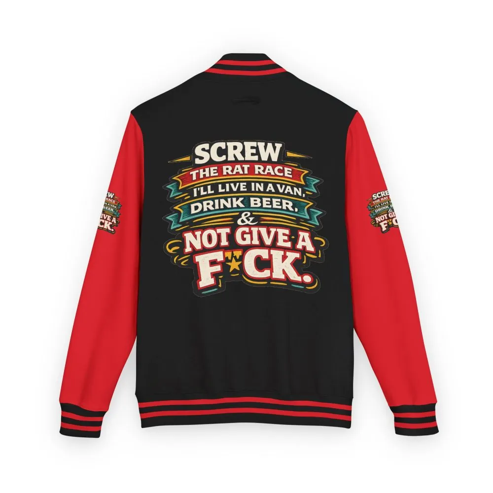 720448523885228915_2048.jpeg Unisex Heavyweight Letterman Jacket — "Screw The Rat Race" Design F**K-Line