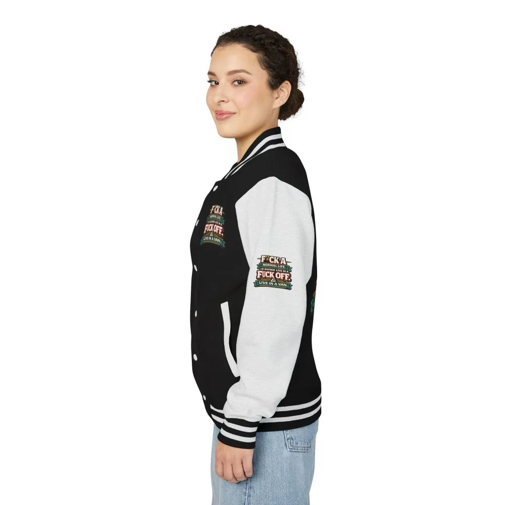 7373130364082525631_2048.jpeg Unisex Heavyweight Letterman Jacket — "Fuck A Normal Life" Design F**K-Line