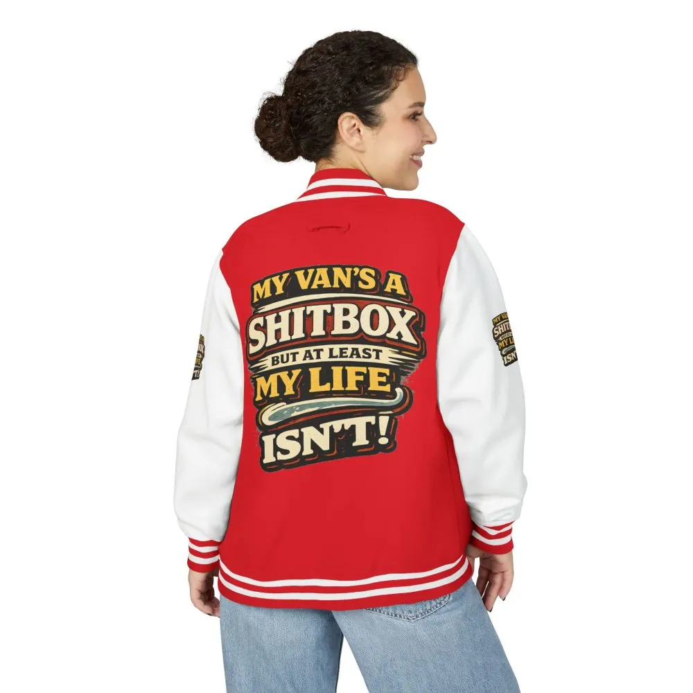 7728461754901692012_2048.jpeg Unisex Heavyweight Letterman Jacket — "My Van`s A Shitbox" Design F**K-Line