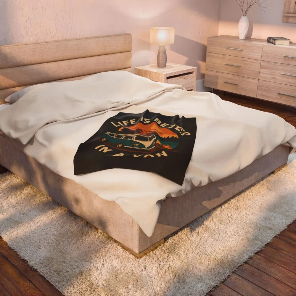 Velveteen Plush Blanket – "Life Is Better In A Van" Retro Campervan Camping Throw