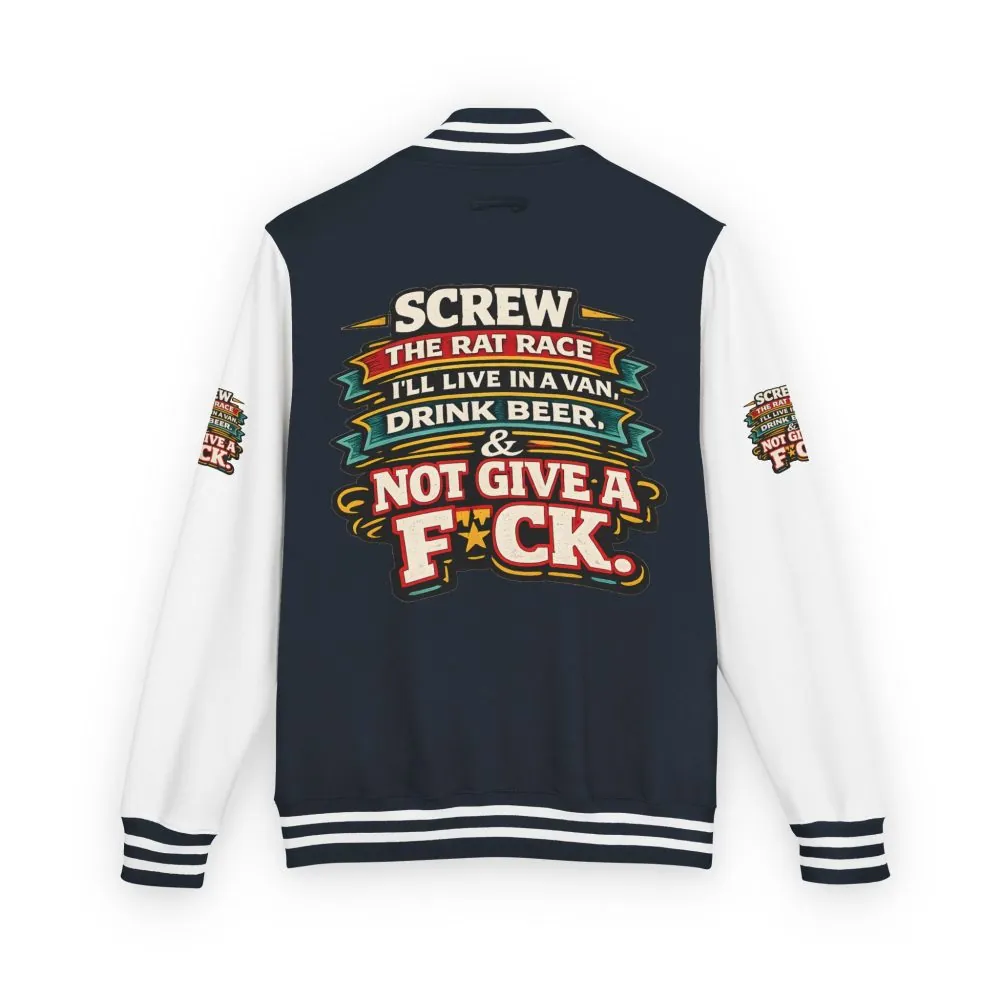 8284958260229792545_2048.jpeg Unisex Heavyweight Letterman Jacket — "Screw The Rat Race" Design F**K-Line