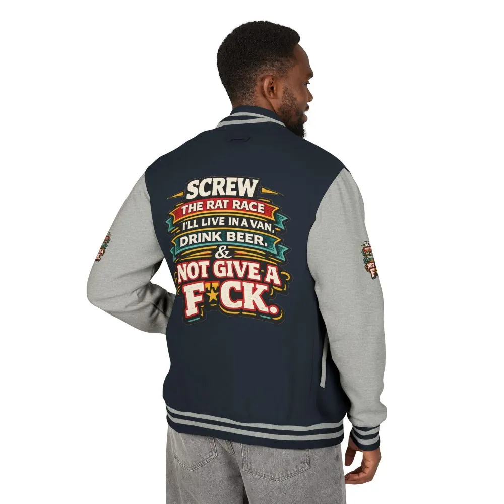 8475016401586527692_2048.jpeg Unisex Heavyweight Letterman Jacket — "Screw The Rat Race" Design F**K-Line
