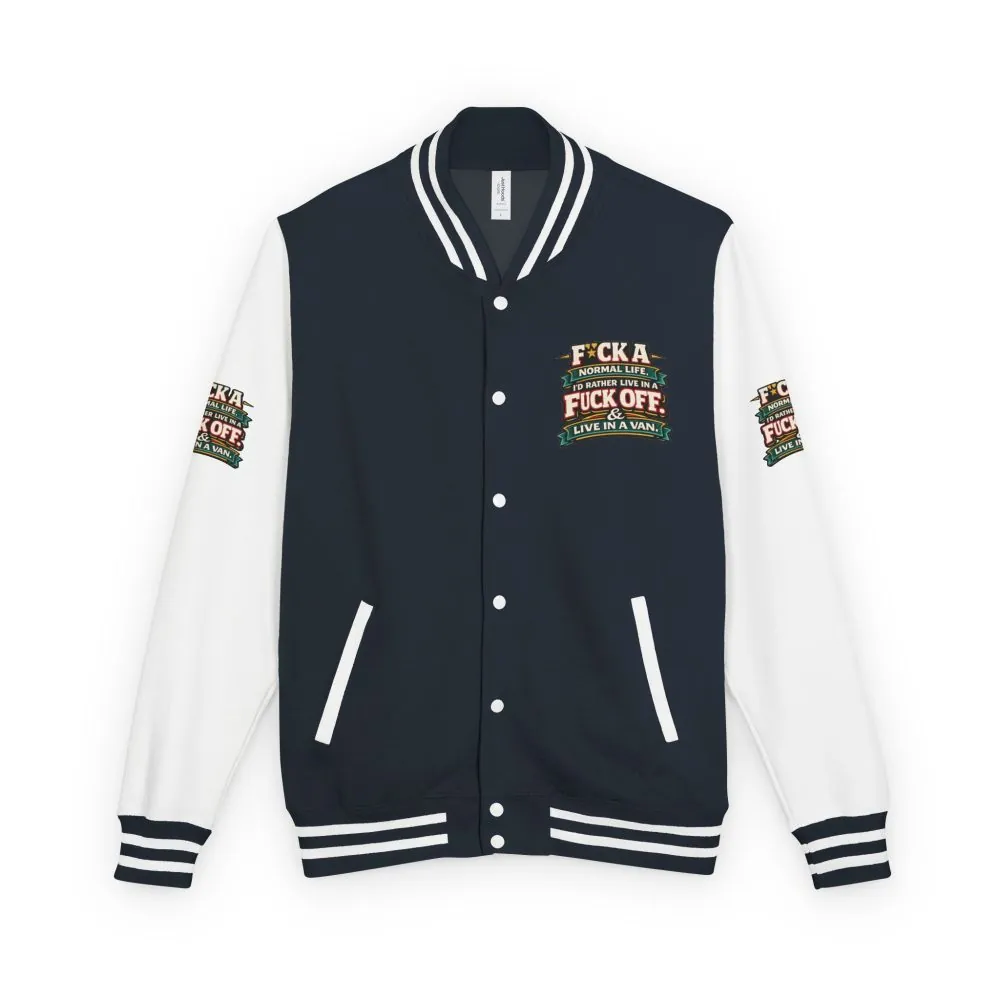 9164716781876988852_2048.jpeg Unisex Heavyweight Letterman Jacket — "Fuck A Normal Life" Design F**K-Line