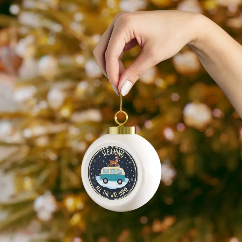 Christmas Ornament - 'Sleighing All The Way Home' Holiday Glass Ball with Cozy Van & Poinsettia Design