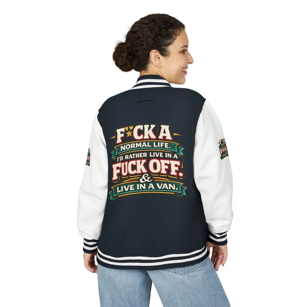 9385072996201524115_2048.jpeg Unisex Heavyweight Letterman Jacket — "Fuck A Normal Life" Design F**K-Line