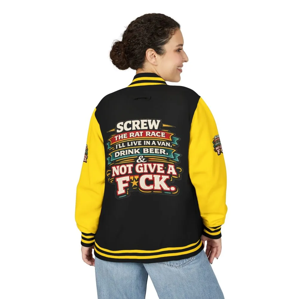 9483991963692685583_2048.jpeg Unisex Heavyweight Letterman Jacket — "Screw The Rat Race" Design F**K-Line