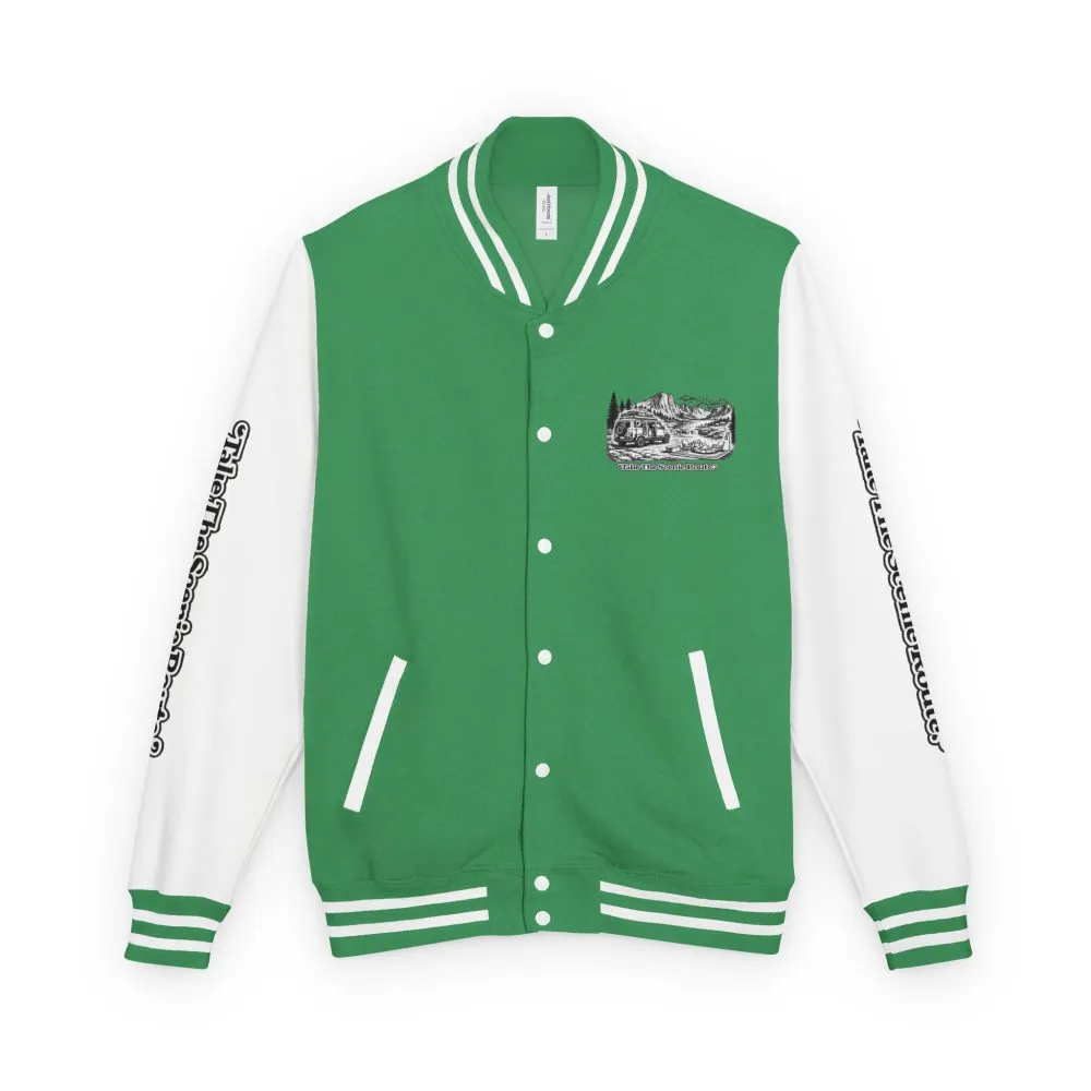 10000779135664599484_2048.jpeg Unisex Heavyweight Letterman Jacket — "Take The Scenic Route" Travel Varsity Coat