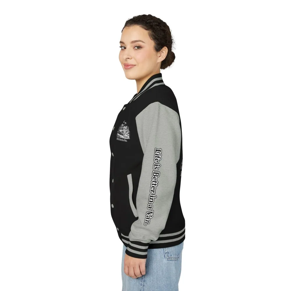10009381414739681221_2048.jpeg Unisex Heavyweight Letterman Jacket — "Life Is Better In A Van" Travel Varsity Coat