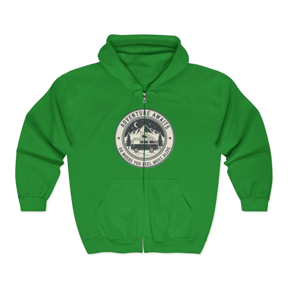 10030507560809578599_2048.jpeg Zip Hoodie — "Adventure Awaits-Go Where You Feel Most Alive" (Only Front Printed) Camper Van Adventure Zip-Up