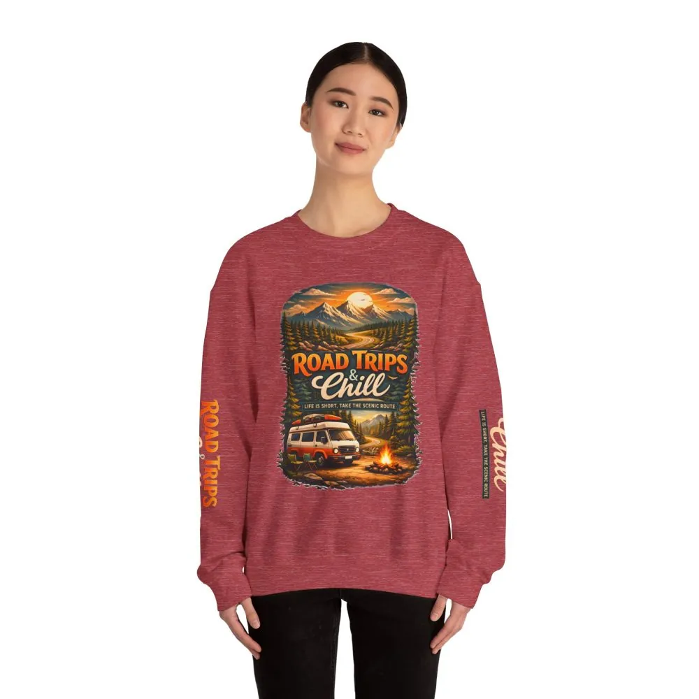 Unisex Heavy Blend™ Crewneck Sweatshirt — "Road Trips & Chill" Design Scenic-Line