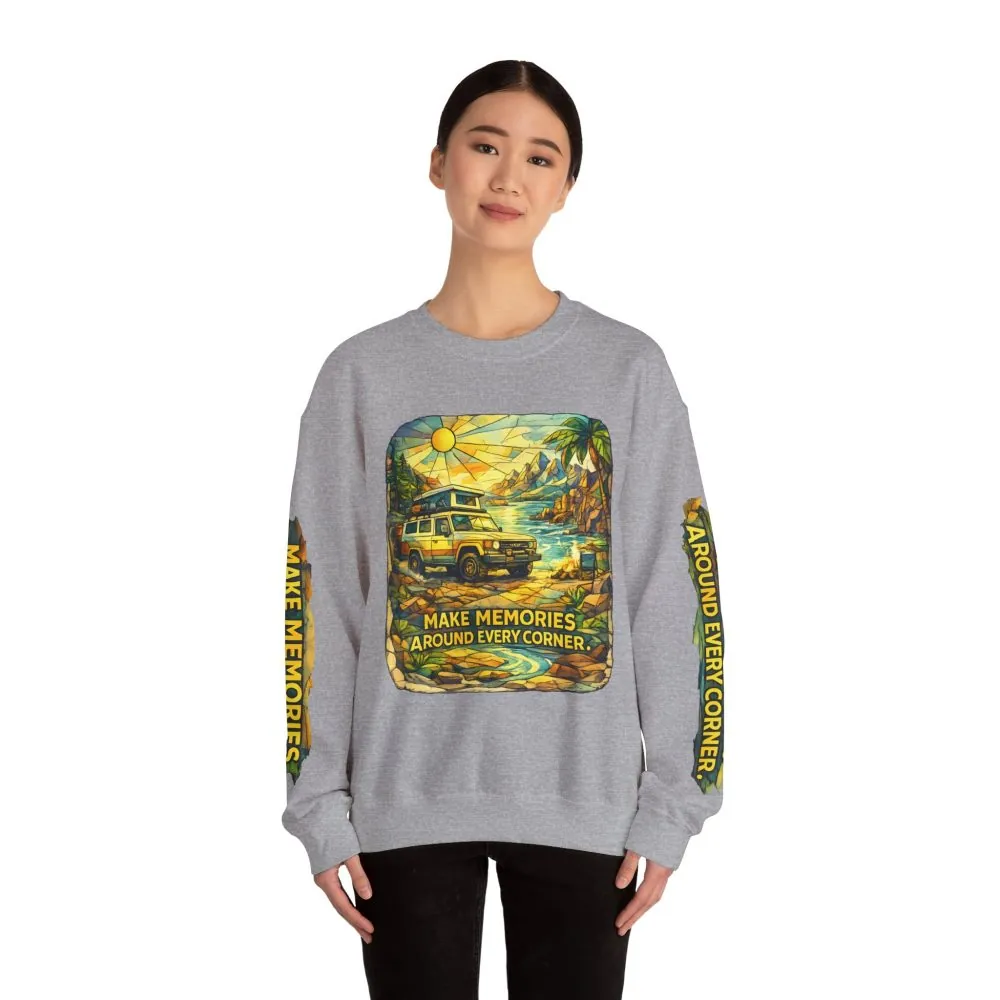 Unisex Heavy Blend™ Crewneck Sweatshirt — "Make Memories Around Every Corner" Design Cubic-Line