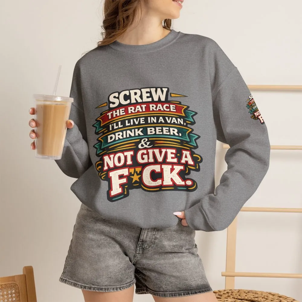 Unisex Heavy Blend™ Crewneck Sweatshirt — "Screw The Rat Race" Design F**K-Line