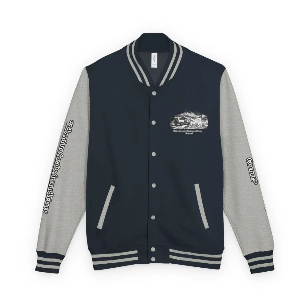 10051768173793132425_2048.jpeg Unisex Heavyweight Letterman Jacket — "Adventure Awaits Around Every Corner" Travel Varsity Coat