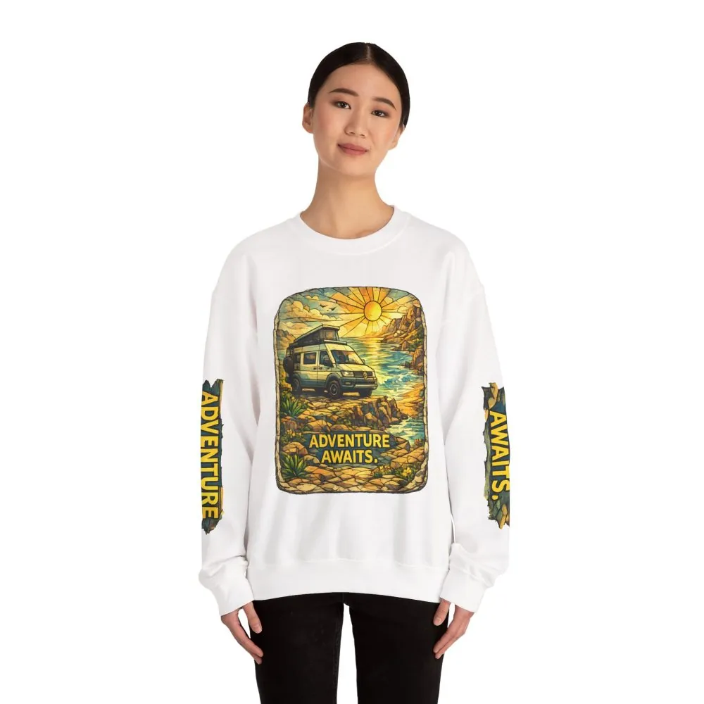 Unisex Heavy Blend™ Crewneck Sweatshirt — "Adventure Awaits" Design Cubic-Line