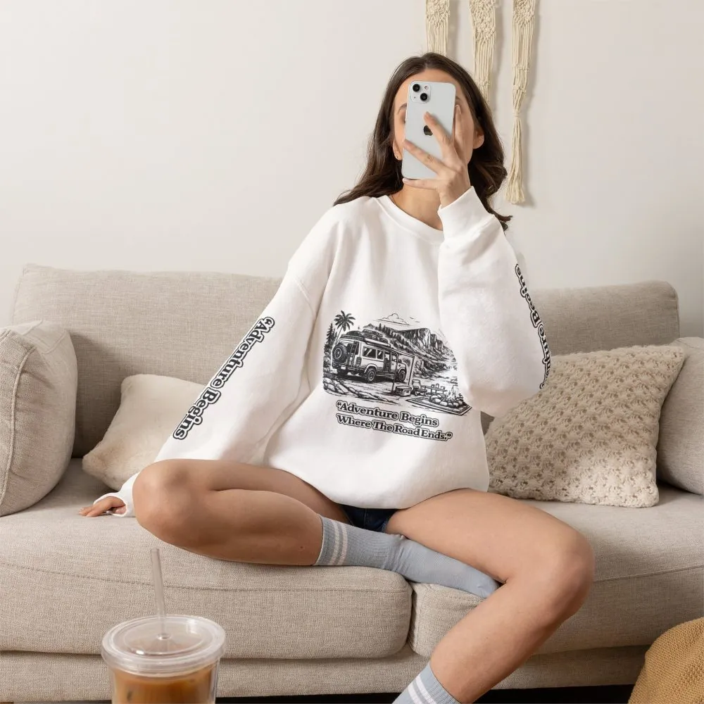 10101897925148564529_2048.jpeg Unisex Heavy Blend™ Crewneck Sweatshirt — "Adventure Begins Where The Road Ends" Design Minimal-Line