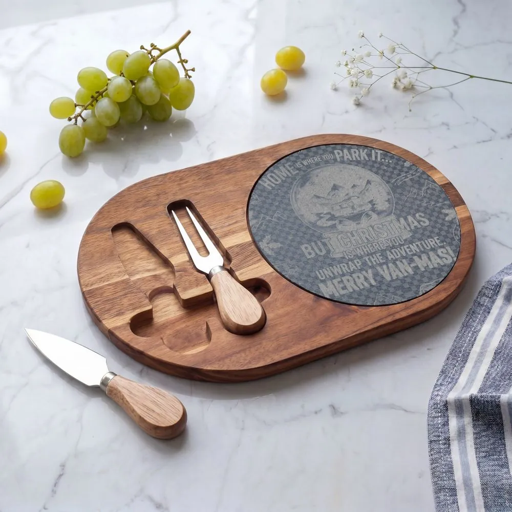 10120016952666710662_2048.jpeg "Gift" Engraved Oak Charcuterie Board with Cheese Tools — "Home Is Where You Park It-But Christmas Is Where You Unwrap The Adventure - Merry Van-mas"