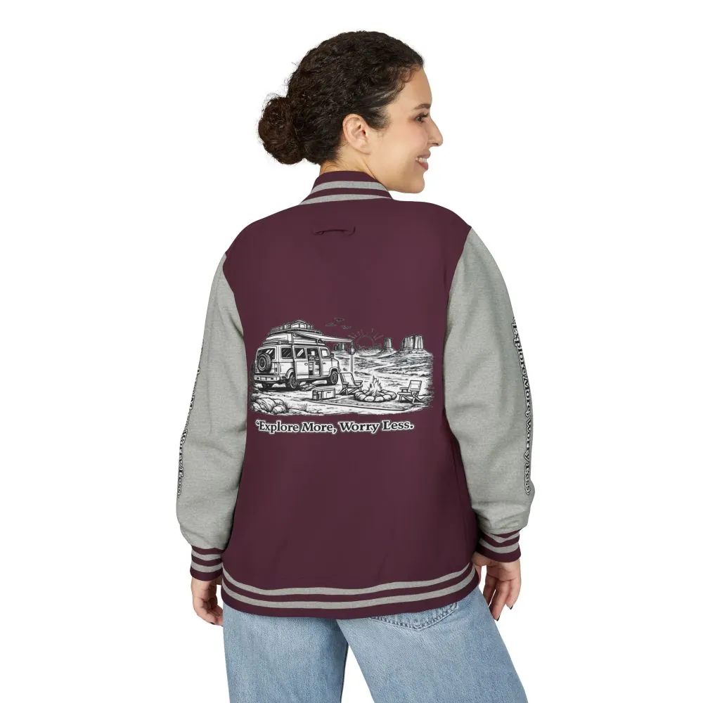 10130826222682216831_2048.jpeg Unisex Heavyweight Letterman Jacket — "Explore More Worry Less" Travel Varsity Coat