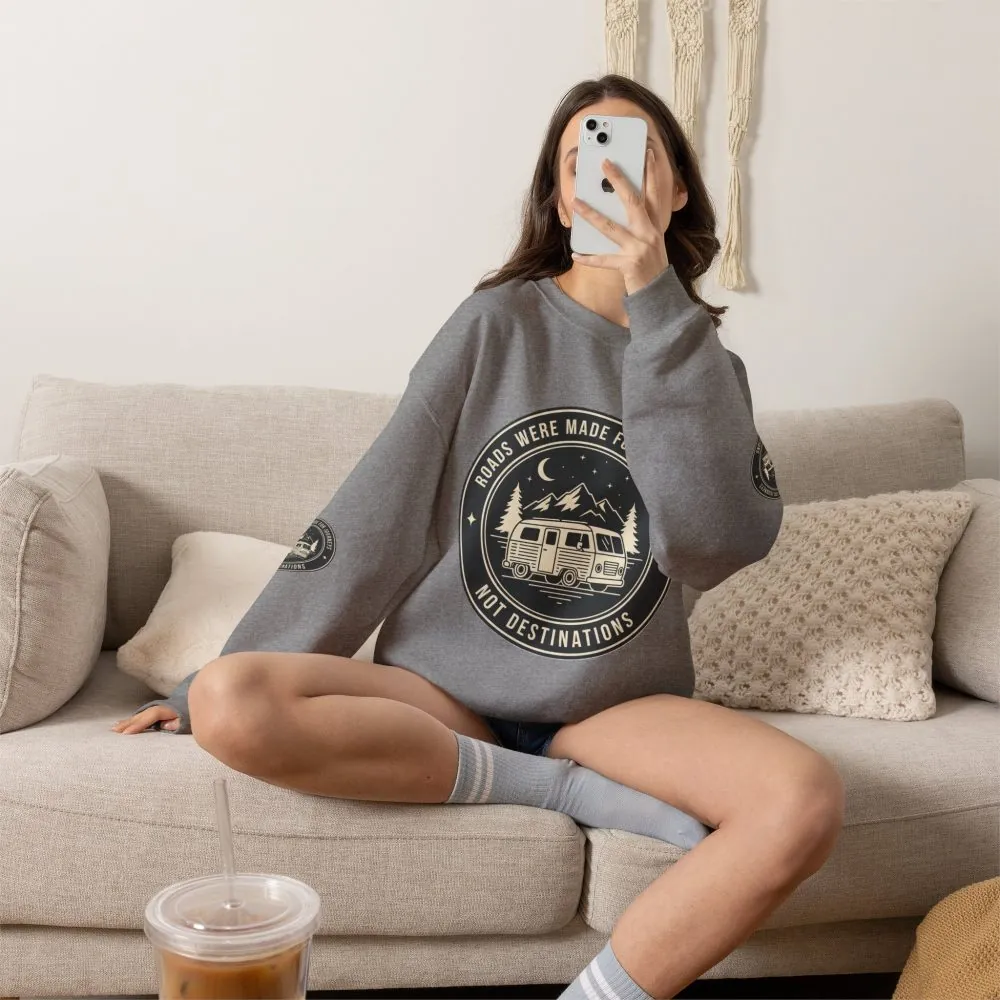 10142573890683069716_2048.jpeg Crewneck Sweatshirt — "ROAD WHERE MADE FOR JOURNEYS-NOT DESTINATIONS" (Font + Back + Sleaves printed) Vintage Camper Van Outdoor Graphic