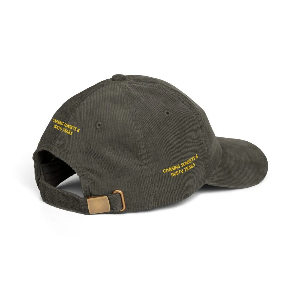 Vintage Corduroy Cap (Embroidery) — "Chasing Sunsets & Dusty Trails" Embroidered Hat