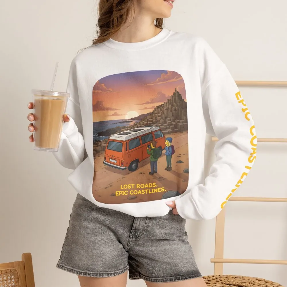Unisex Heavy Blend™ Crewneck Sweatshirt — "Lost Roads Epic Coastlines" Design Sitcom-Line