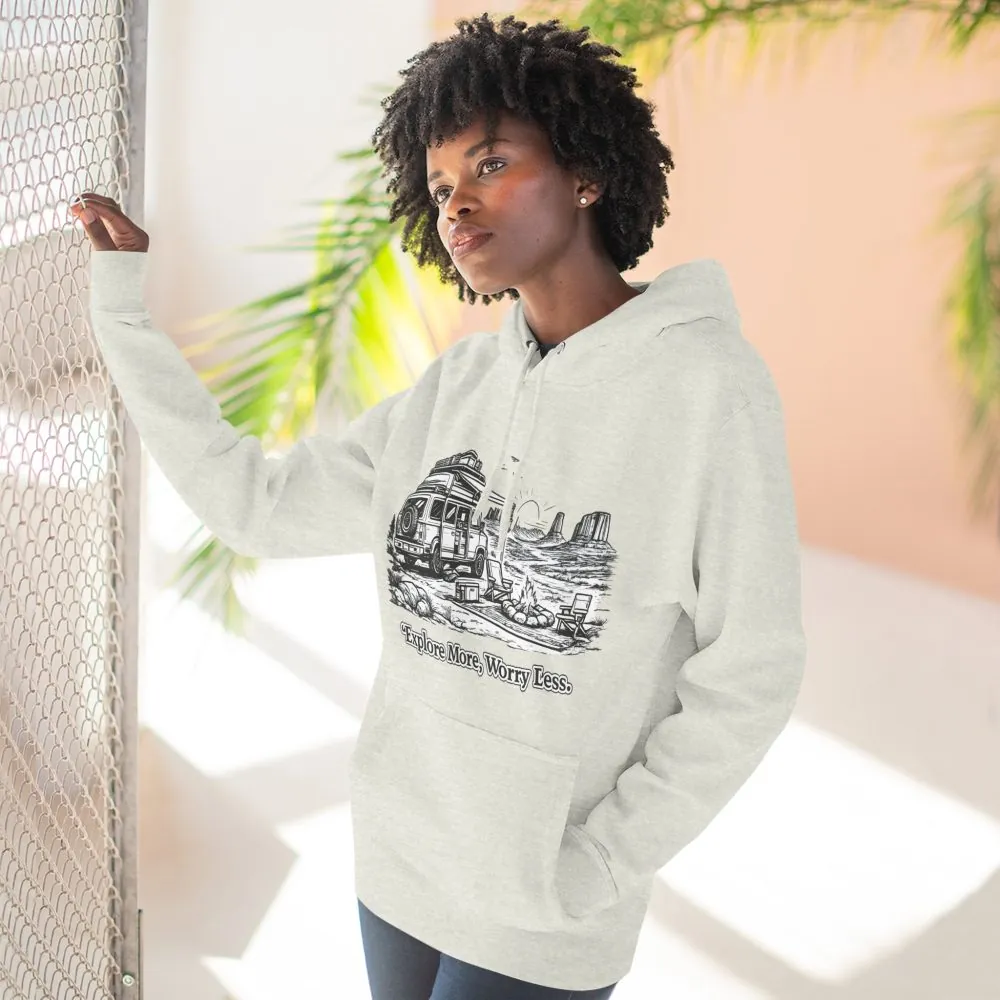 Three-Panel Fleece Hoodie - "Explore More Worry Less" Design Minimal-Line