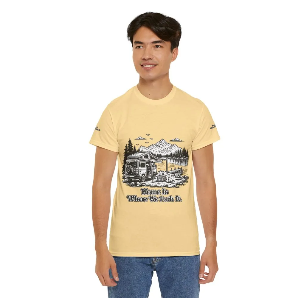 10204159091375783706_2048.jpeg Unisex Heavy Cotton Tee — "Home Is Where You Park It" Design Minimal-Line