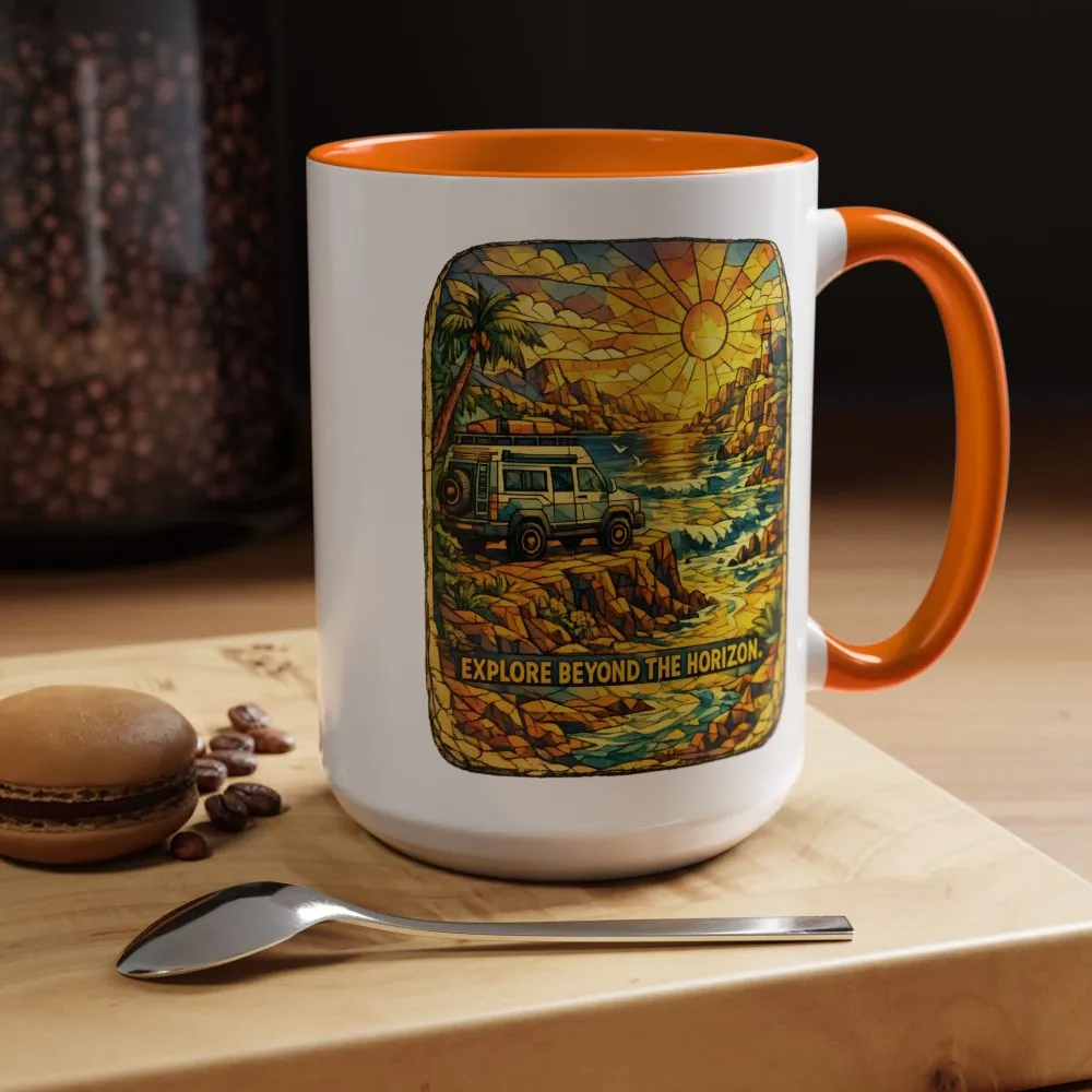 Accent Coffee Mug (11, 15oz) — "Explore Beyond The Horizon" Design Cubic-Line