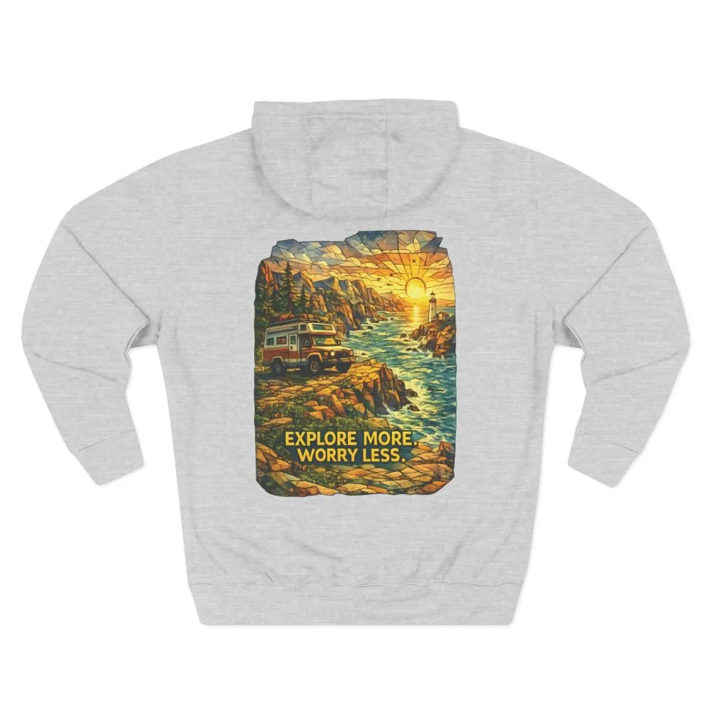 Three-Panel Fleece Hoodie - "Explore More Worry Less" Design Cubic-Line