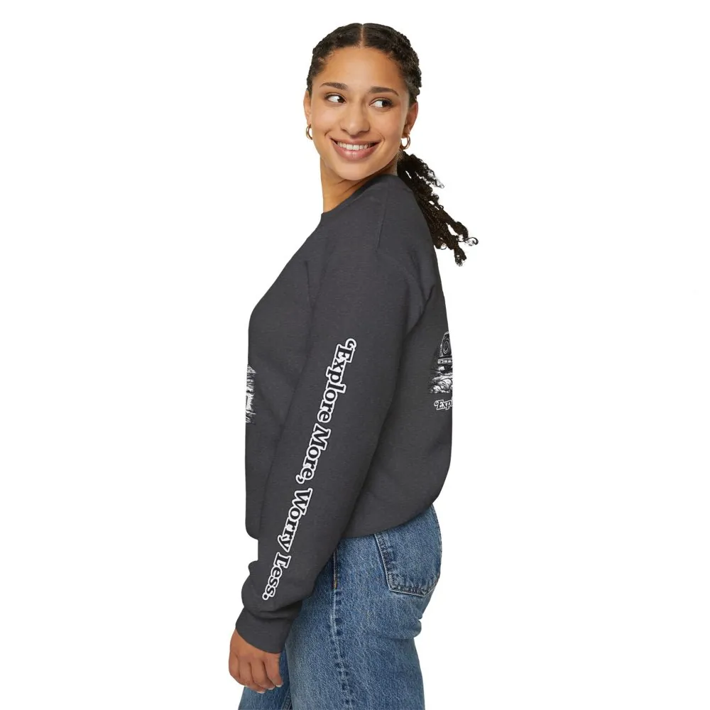102554886762221615_2048.jpeg Unisex Heavy Blend™ Crewneck Sweatshirt — "Explore More Worry Less" Design Minimal-Line