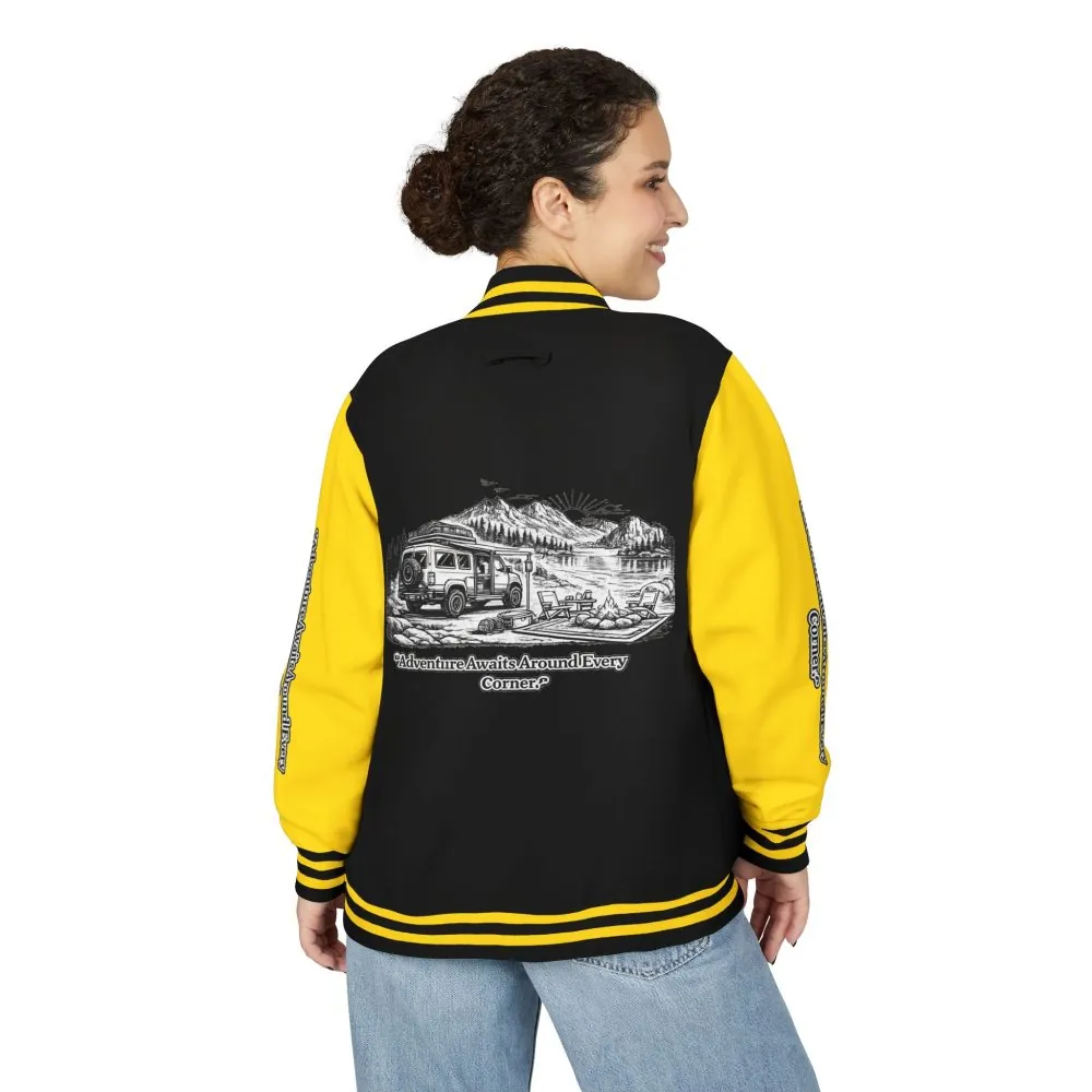 1027088319578859383_2048.jpeg Unisex Heavyweight Letterman Jacket — "Adventure Awaits Around Every Corner" Travel Varsity Coat