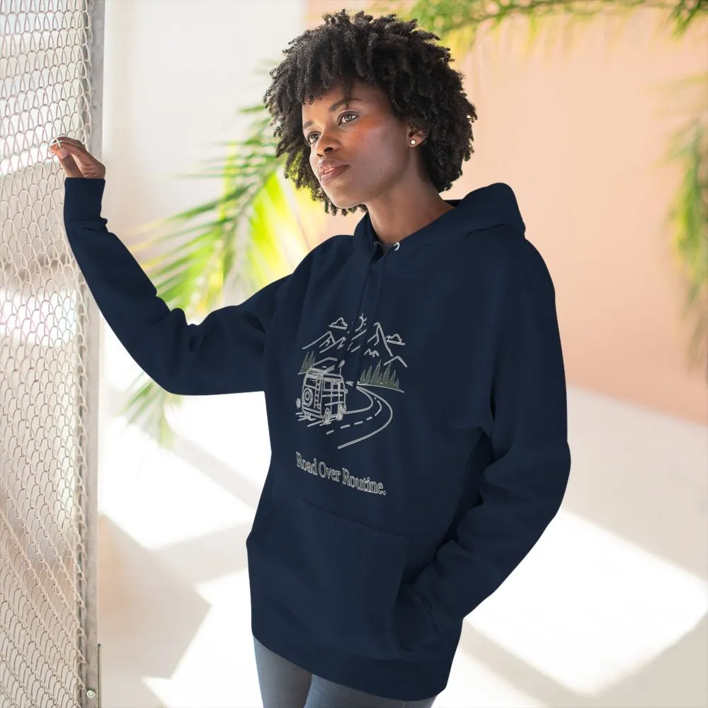 Three-Panel Fleece Hoodie - "Road Over Routine" Design Minimal-Line