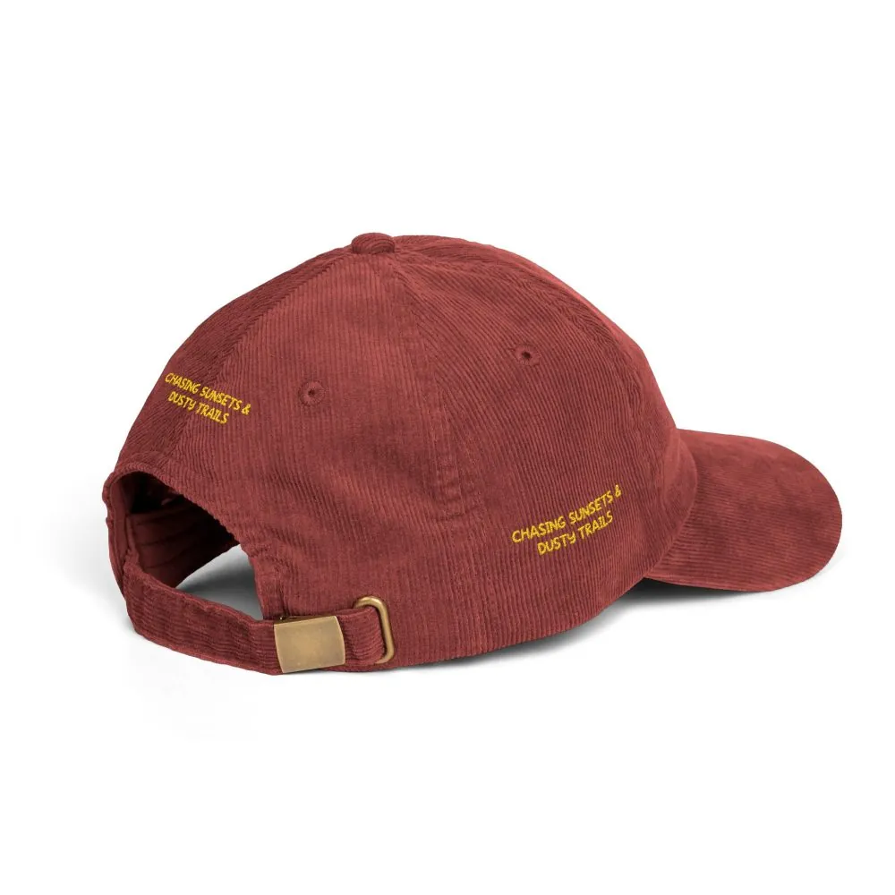 Vintage Corduroy Cap (Embroidery) — "Chasing Sunsets & Dusty Trails" Embroidered Hat