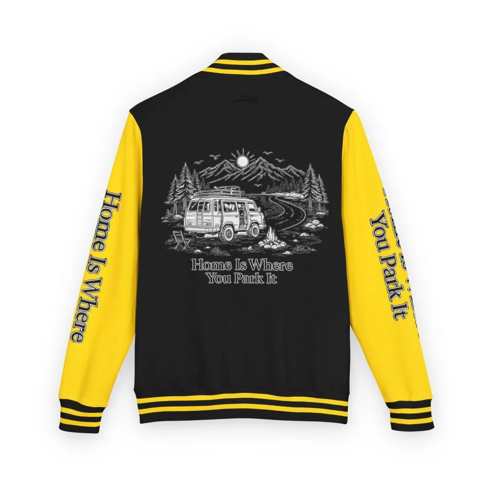 1034813718762016747_2048.jpeg Unisex Heavyweight Letterman Jacket — "Home Is Where You Park It" Travel Varsity Coat