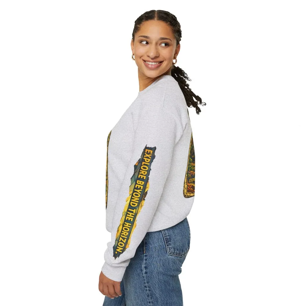 Unisex Heavy Blend™ Crewneck Sweatshirt — "Explore Beyond The Horizon" Design Cubic-Line