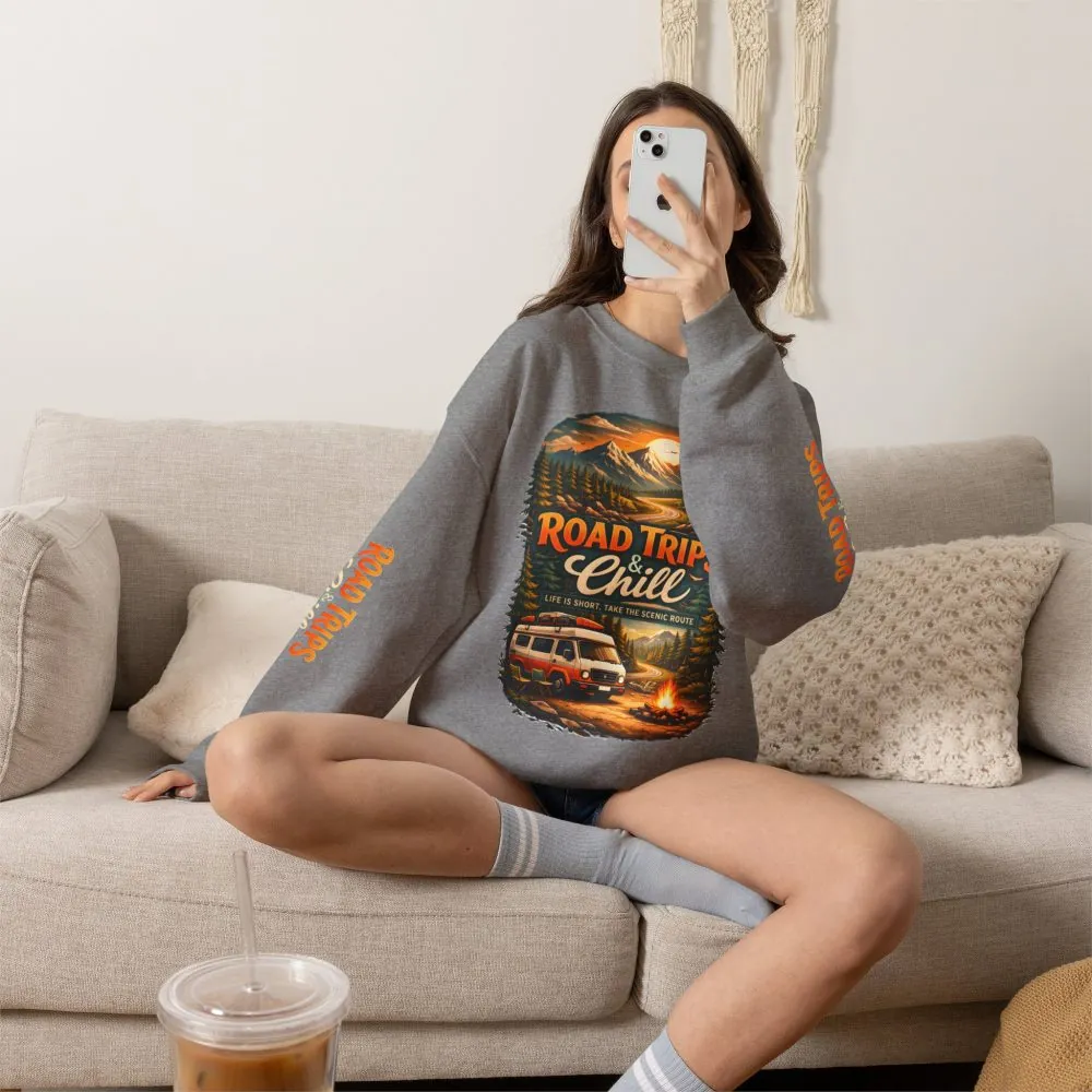 Unisex Heavy Blend™ Crewneck Sweatshirt — "Road Trips & Chill" Design Scenic-Line