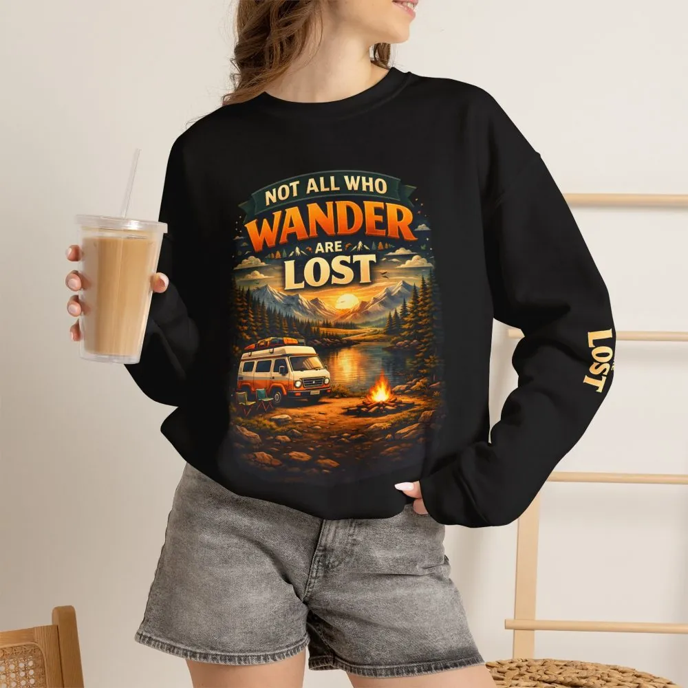 Unisex Heavy Blend™ Crewneck Sweatshirt — "Not All Who Wander Are Lost" Design Scenic-Line