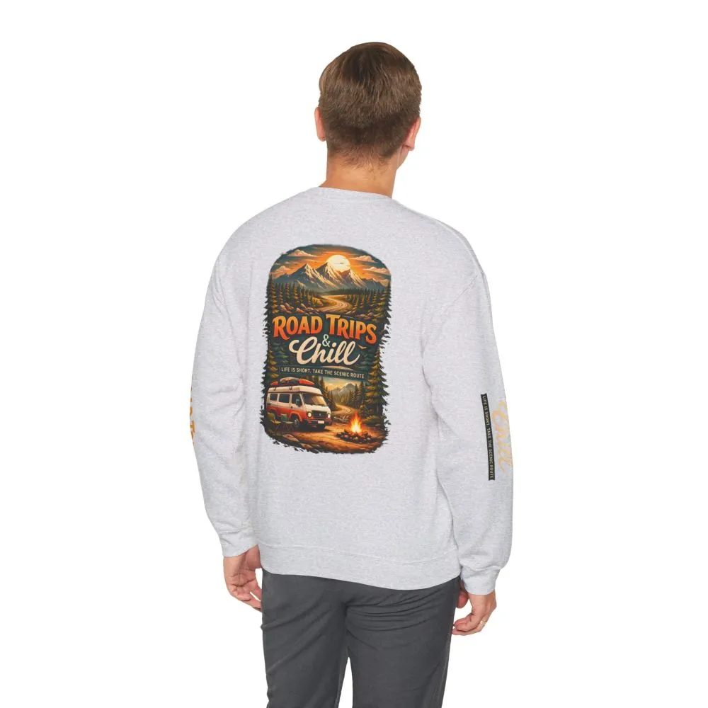 Unisex Heavy Blend™ Crewneck Sweatshirt — "Road Trips & Chill" Design Scenic-Line