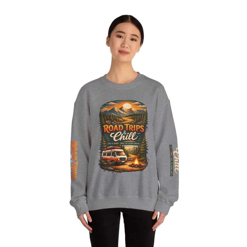 Unisex Heavy Blend™ Crewneck Sweatshirt — "Road Trips & Chill" Design Scenic-Line