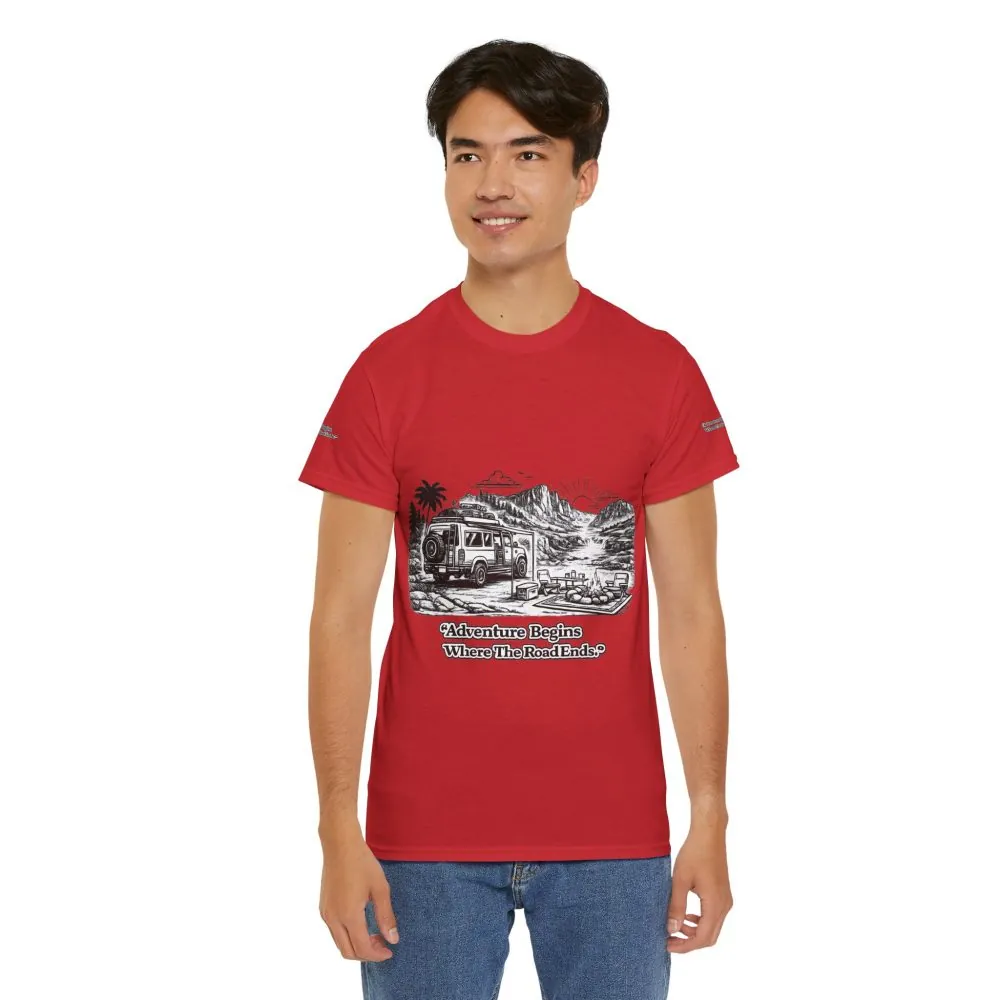 1044141586966497337_2048.jpeg Unisex Heavy Cotton Tee — "Adventure Begins Where The Road Ends" Design Minimal-Line