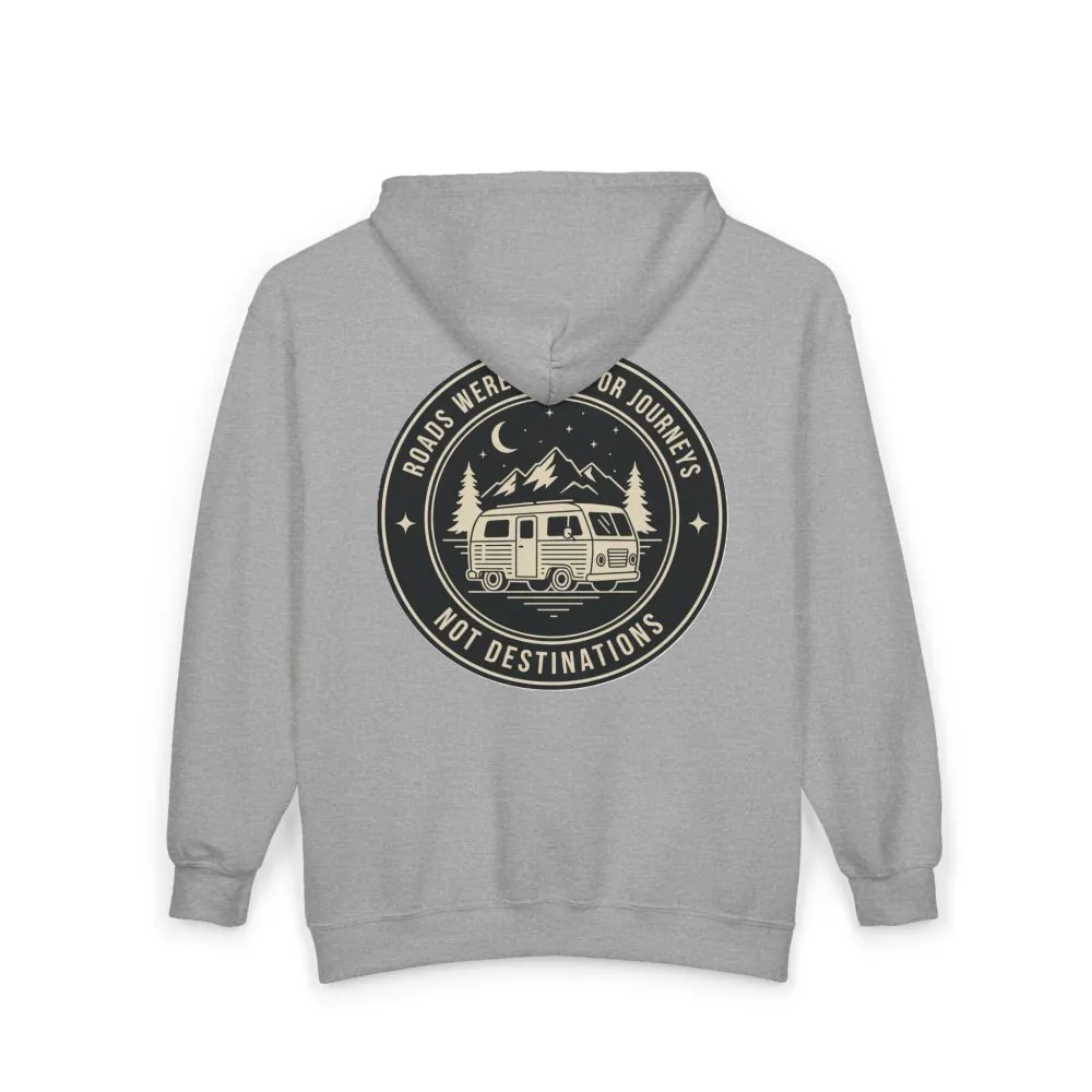 10445454201235252394_2048.jpeg Zip Hoodie — "ROAD WHERE MADE FOR JOURNEYS-NOT DESTINATIONS"(Front + Back Printed) Camper Van Adventure Zip-Up